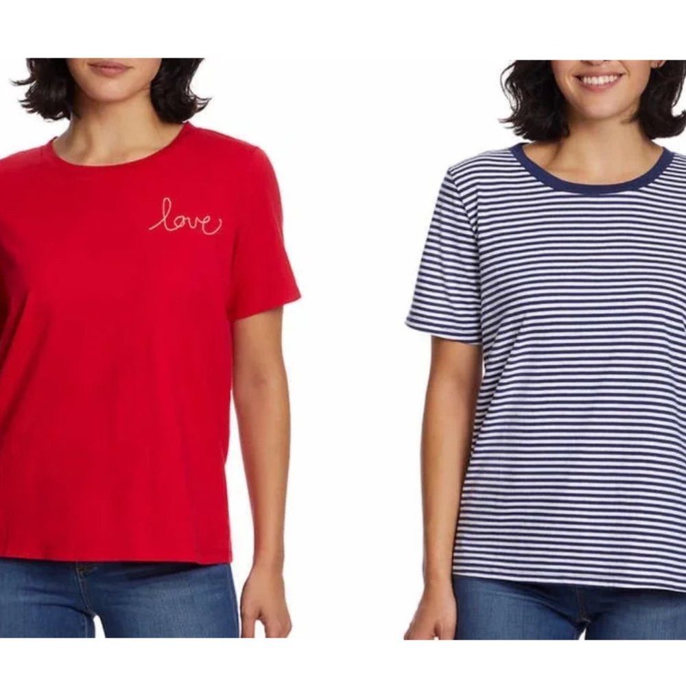 NWoT Ella Moss Womens 2 Pack Short Sleeve Blue Stripe Love Tee Size XS $40 9A166